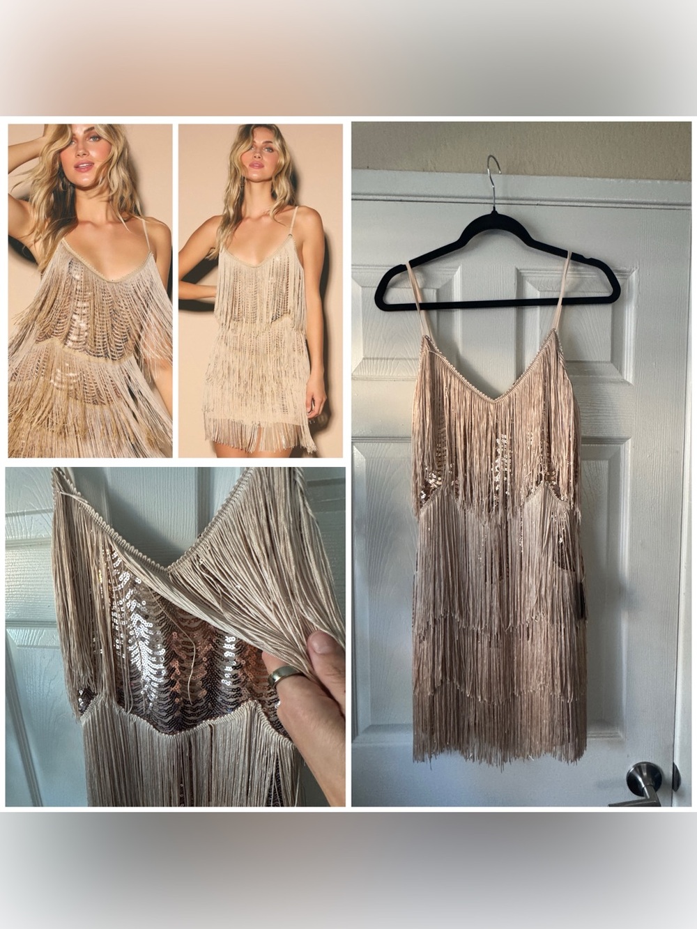 NEW Lulus Get in the Groove Champagne Sequin Fringe Bodycon Dress, Small